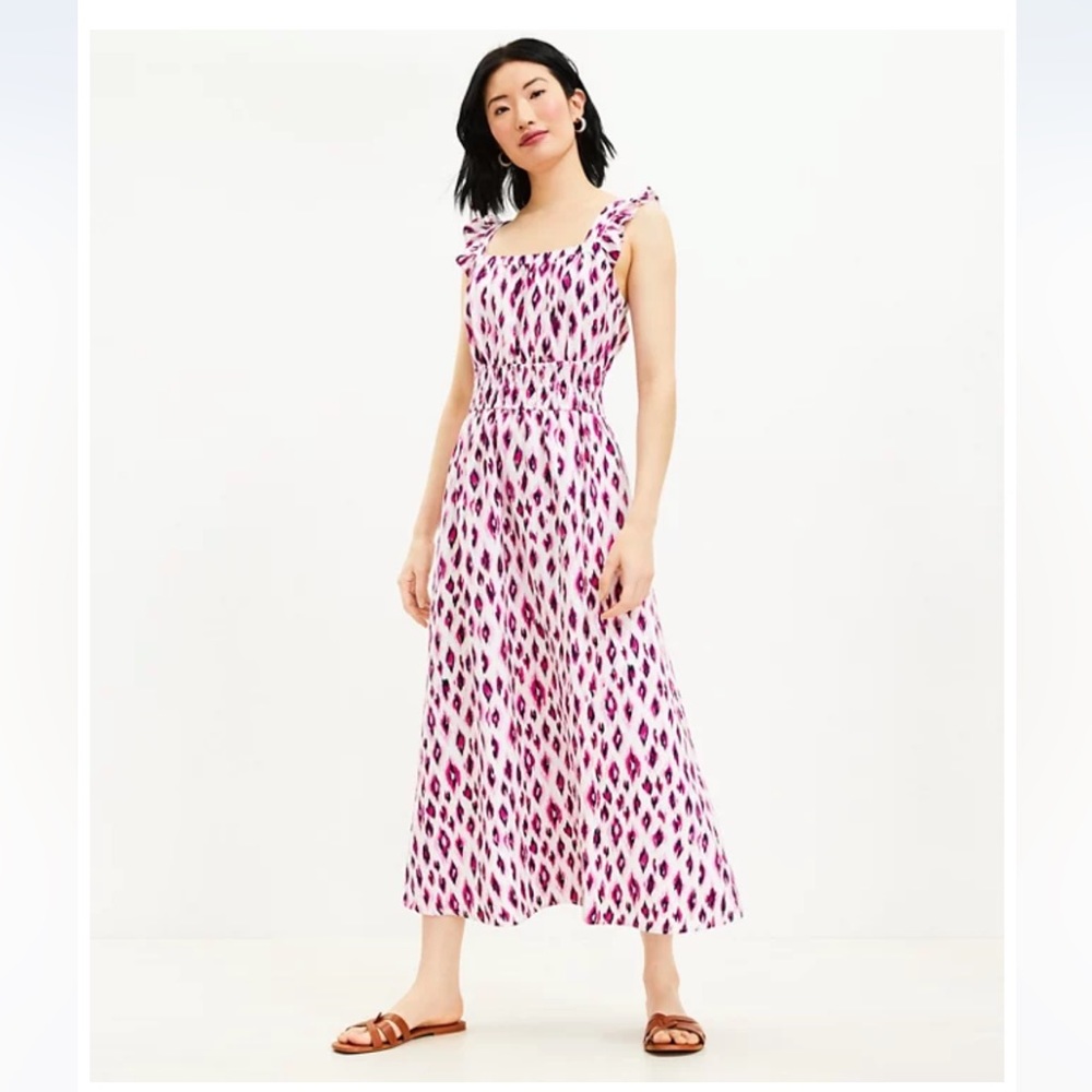 LOFT Animal Print Ruffle Strap Dress Size Medium Purple White